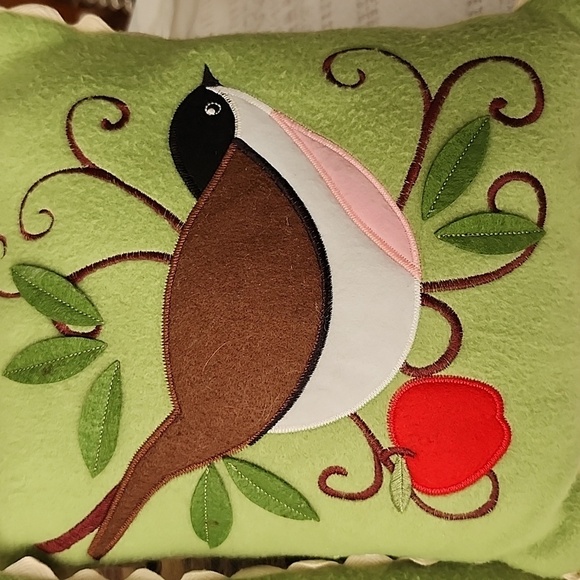 Handmade folk art birds on branch felt embroidered on decorative pillows earthy - Picture 4 of 9